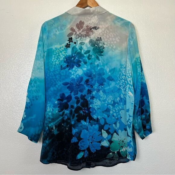 Soft Surroundings Jolene Silk Floral Button Up Shirt Blue Tunic Top Petite Large - Picture 7 of 11